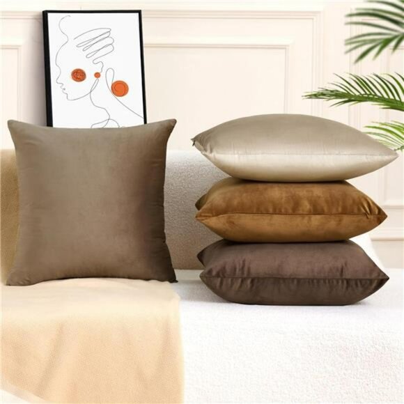 Velvet Throw Pillow Covers 18x18 Set of 4 Brown Decorative Cushion Cases for Sof - Picture 6 of 7